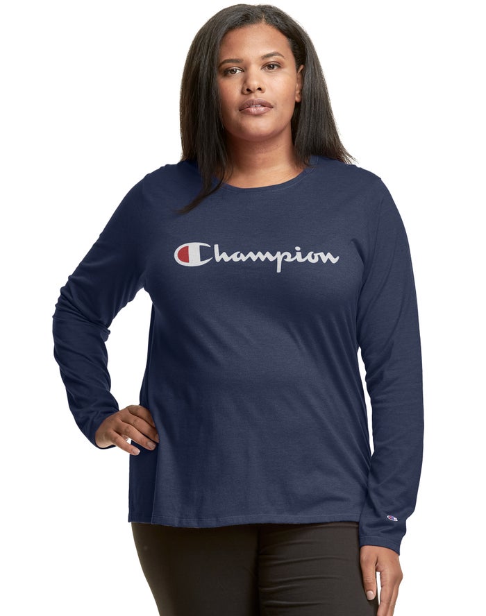 Champion T-Shirt Dames - Donkerblauw - Plus Classic Long-Sleeve Script Logo ( 596328-RNL )